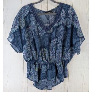 Ana Size Medium Womens Blue Floral Short Sleeve Cinched‎ Waist Top